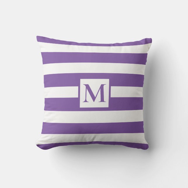 Modern minimalist purple white strips monogram outdoor pillow (Front)
