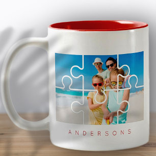 Modern Minimalist Puzzle Family Photo Name Two-Tone Coffee Mug