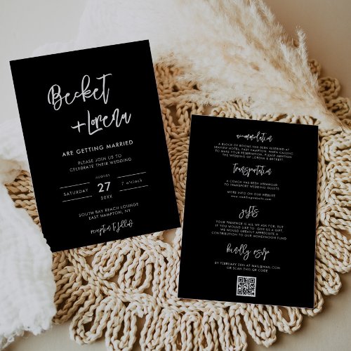 Modern minimalist QR code  details black wedding Invitation