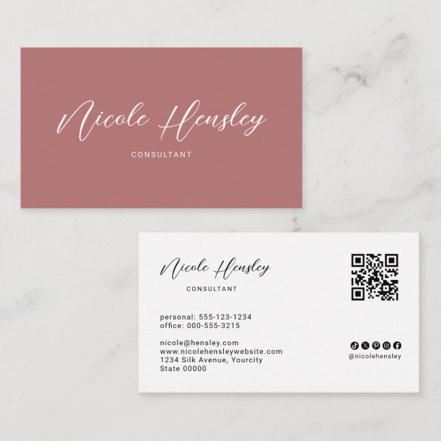 Modern Minimalist QR Code Dusty Rose Professional Business Card (Front/Back)