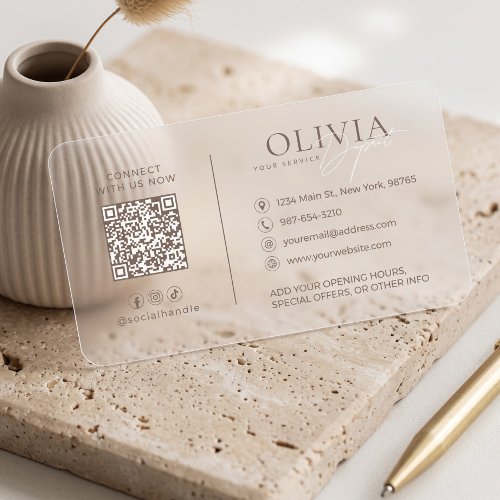 Modern Minimalist QR Code Elegant Script Aesthetic Clear Business Cards