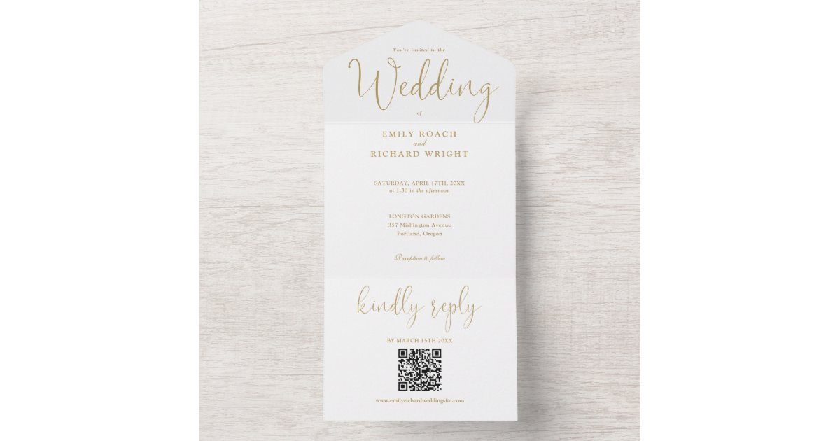 Modern Minimalist QR Code Gold Script Wedding All In One Invitation ...