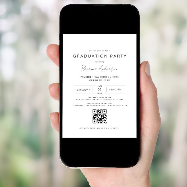 Modern Minimalist QR Code Graduation Party Invitation (Front Digital)