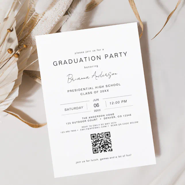 Modern Minimalist QR Code Graduation Party Invitation | Zazzle