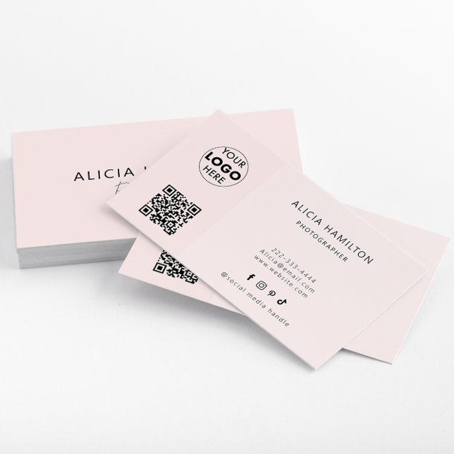 Modern Minimalist | QR Code & Logo | Blush Pink Business Card (A sleek pink minimalist business card design which features customisable QR Code & logo.)