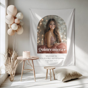 Modern Minimalist Quinceañera Arched Photo Tapestry