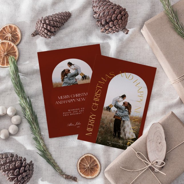 Modern Minimalist Red Arch 2 Photo Merry Christmas Foil Holiday Card (Creator Uploaded)