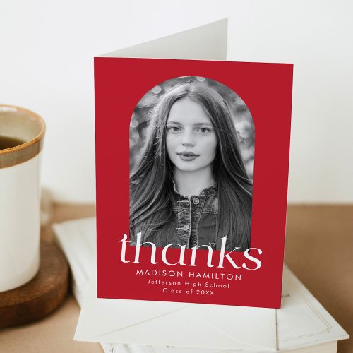 Modern Minimalist Red Arch Photo Graduation Thank You Card