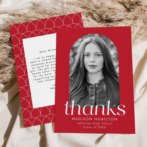 Modern Minimalist Red Arch Photo Graduation Thank You Card