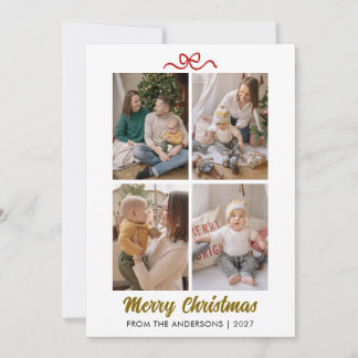Modern Minimalist Red Bow 4 Photo Merry Christmas Holiday Card