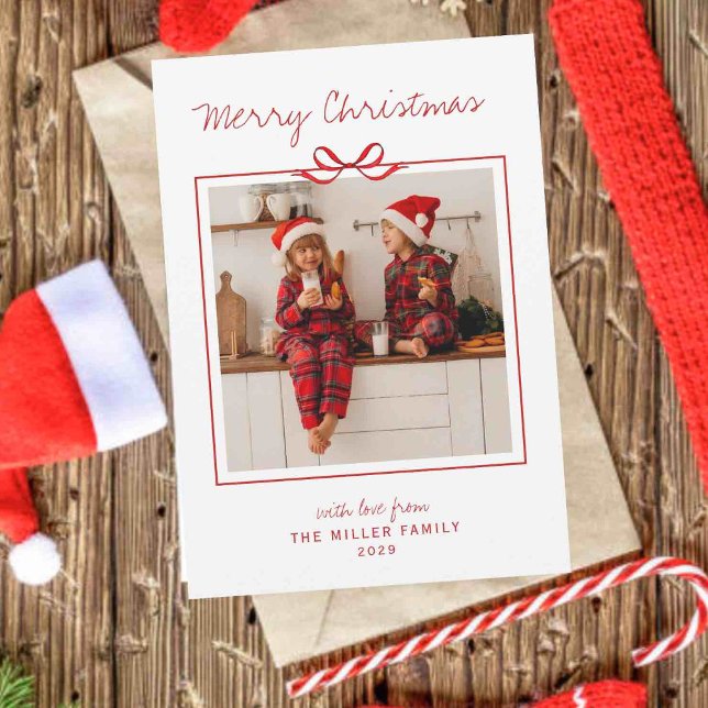 Modern Minimalist Red Bow Merry Christmas photo  Holiday Card (Creator Uploaded)