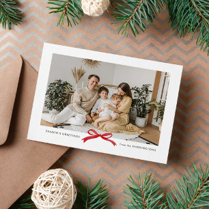 Modern Minimalist Red Bow Photo Holiday Postcard