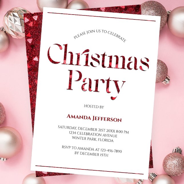 Modern Minimalist Red Glitter Christmas Party Invitation (Creator Uploaded)