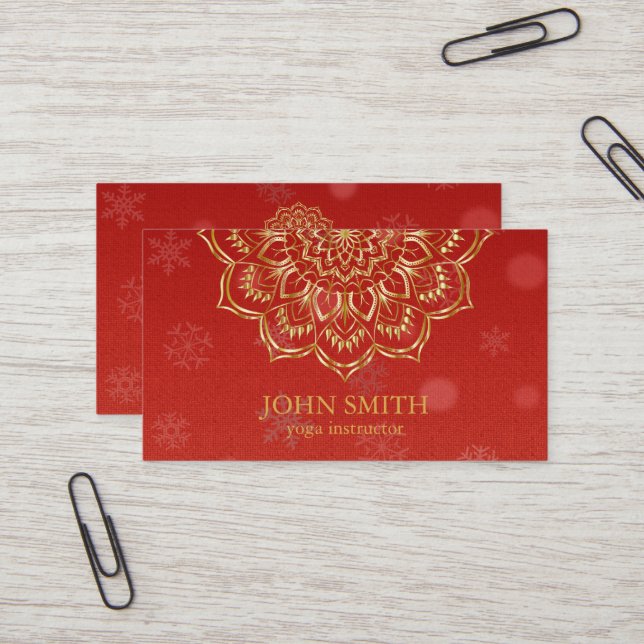 Modern Minimalist Red Gold Lotus Yoga Instructor B Business Card (Front/Back In Situ)