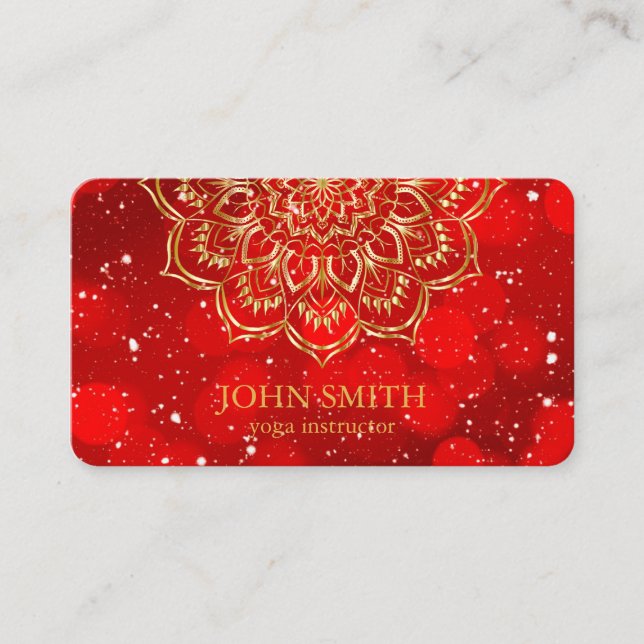 Modern Minimalist Red Gold Lotus Yoga Instructor B Business Card (Front)