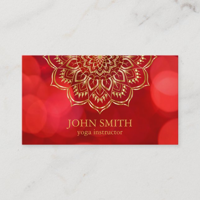 Modern Minimalist Red Gold Lotus Yoga Instructor B Business Card (Front)
