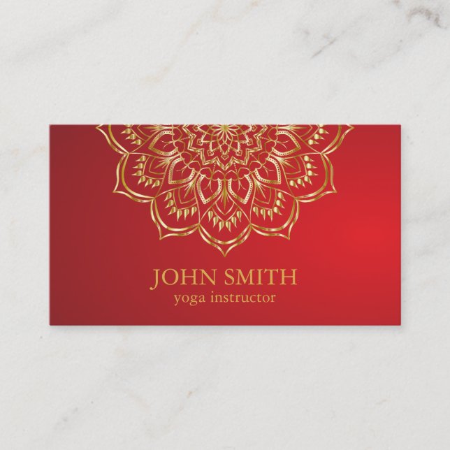 Modern Minimalist Red Gold Lotus Yoga Instructor Business Card (Front)