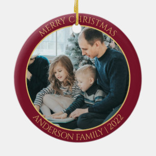 Modern Minimalist Red & Golden Reindeer Christmas Ceramic Ornament