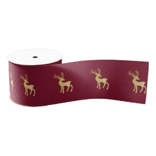 Modern Minimalist Red & Golden Reindeer Christmas Grosgrain Ribbon