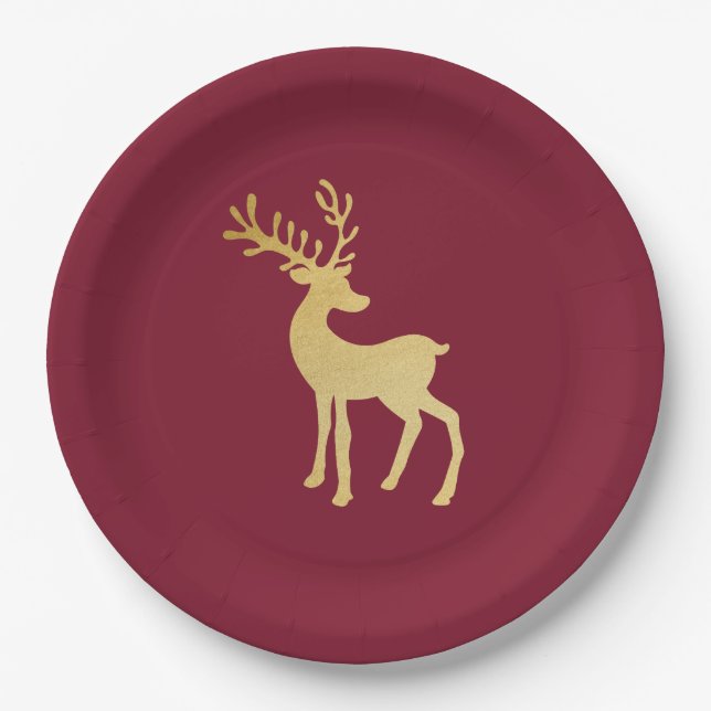 Modern Minimalist Red & Golden Reindeer Christmas  Paper Plates (Front)