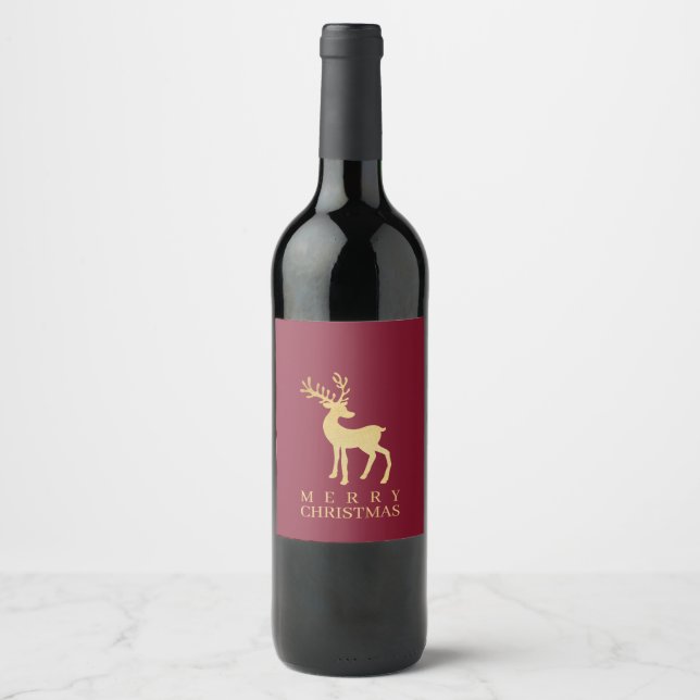 Modern Minimalist Red & Golden Reindeer Christmas  Wine Label (Front)