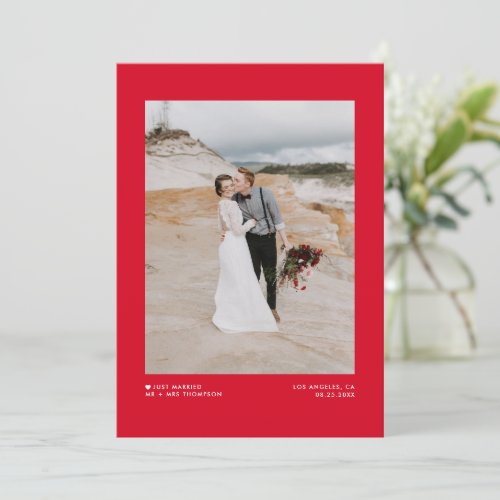 Modern Minimalist Red Just Married Photo Wedding Announcement
