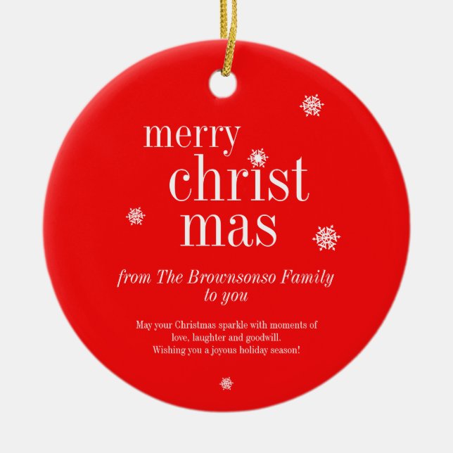 Modern Minimalist Red Merry Christmas Ceramic Ornament (Front)