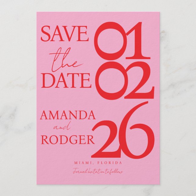 Modern Minimalist Red Pink Save the Date  Invitation (Front)
