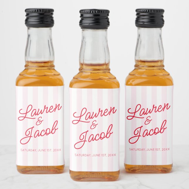 Modern Minimalist Red Pink Stripes Wedding Mini Liquor Bottle Label (Bottles)