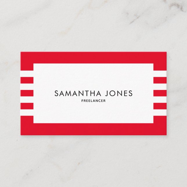 Modern Minimalist Red White Stripes Freelancer Business Card (Front)