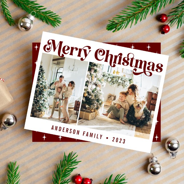 Modern Minimalist Retro Christmas Two Photo Maroon Holiday Card (Creator Uploaded)