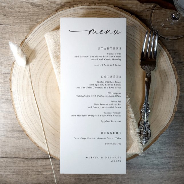 Modern Minimalist Right Aligned Wedding Menu (Black and white modern minimalist wedding menu with elegant handwritten script typography)