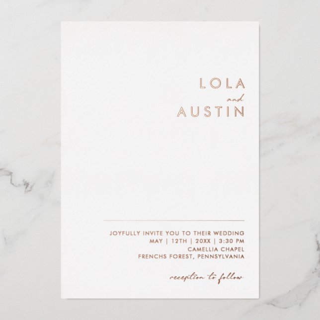 Modern Minimalist | Rose Gold Casual Wedding Real Foil Invitation (Front)