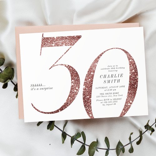 Modern minimalist rose gold glitter 30th birthday invitation