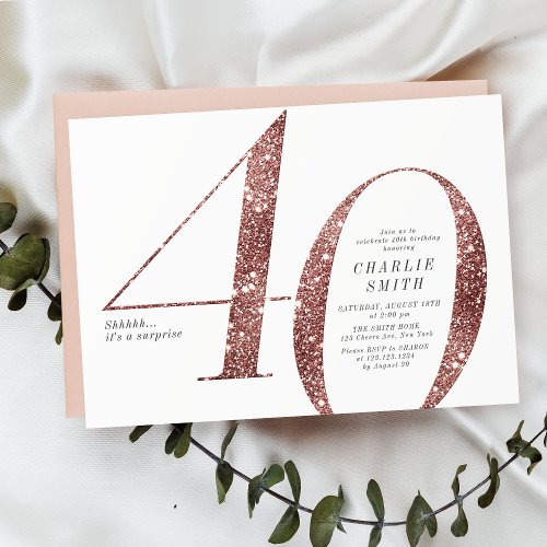 Modern minimalist rose gold glitter 40th birthday invitation