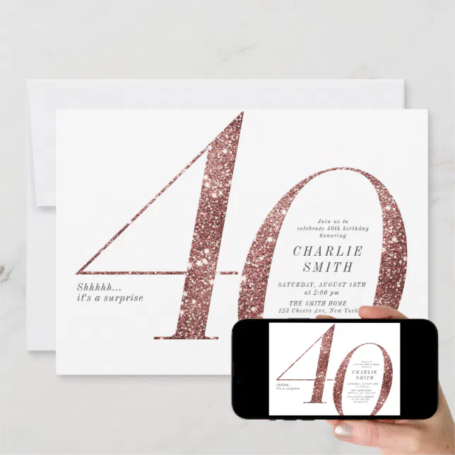 Modern Minimalist Rose Gold Glitter 40th Birthday Invitation Zazzle