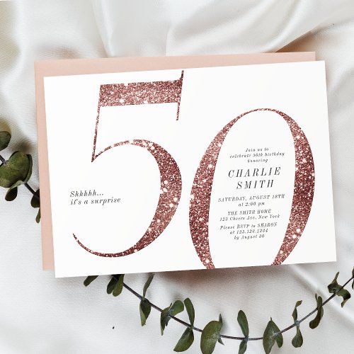 Modern minimalist rose gold glitter 50th birthday invitation