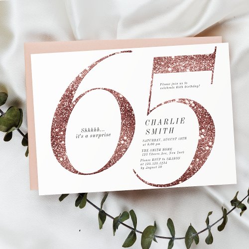 Modern minimalist rose gold glitter 65th birthday invitation