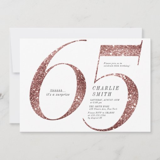 Modern minimalist rose gold glitter 65th birthday invitation | Zazzle