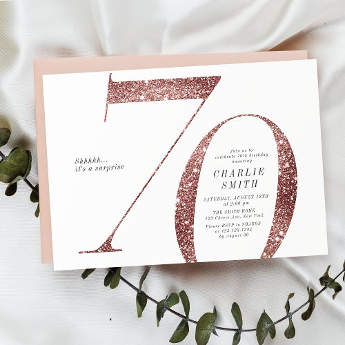 Modern minimalist rose gold glitter 70th birthday invitation