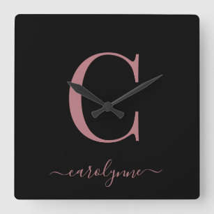 Modern Minimalist Rose Gold Monogram Script Name Square Wall Clock