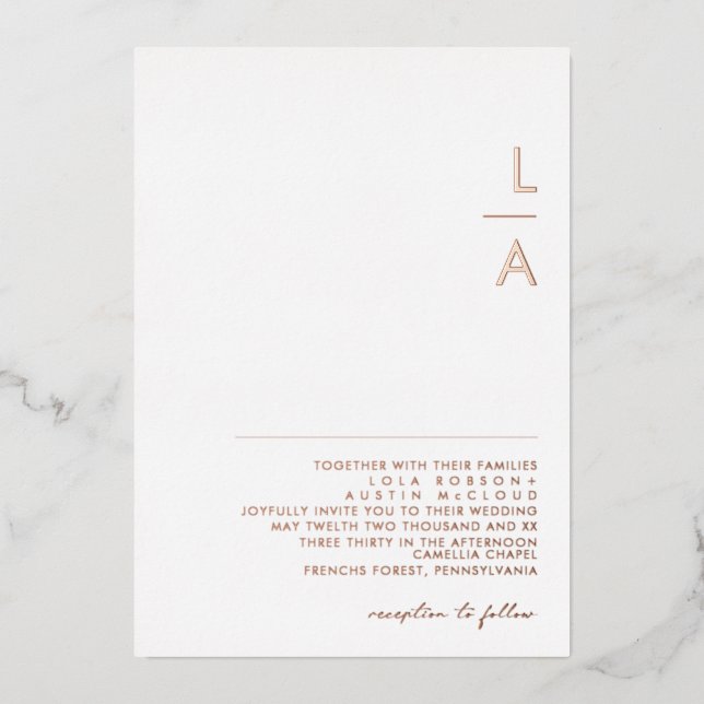 Modern Minimalist Rose Gold Monogram Wedding Real Foil Invitation (Front)