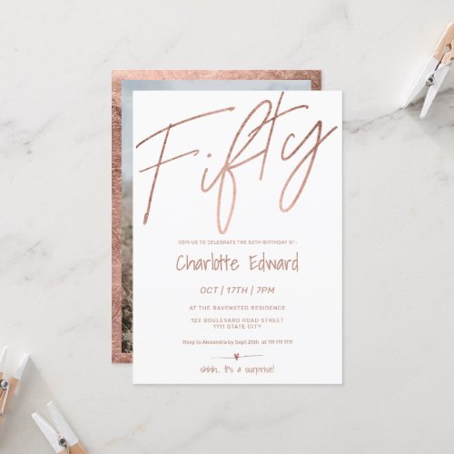 Modern minimalist rose gold photo surprise fifty invitation