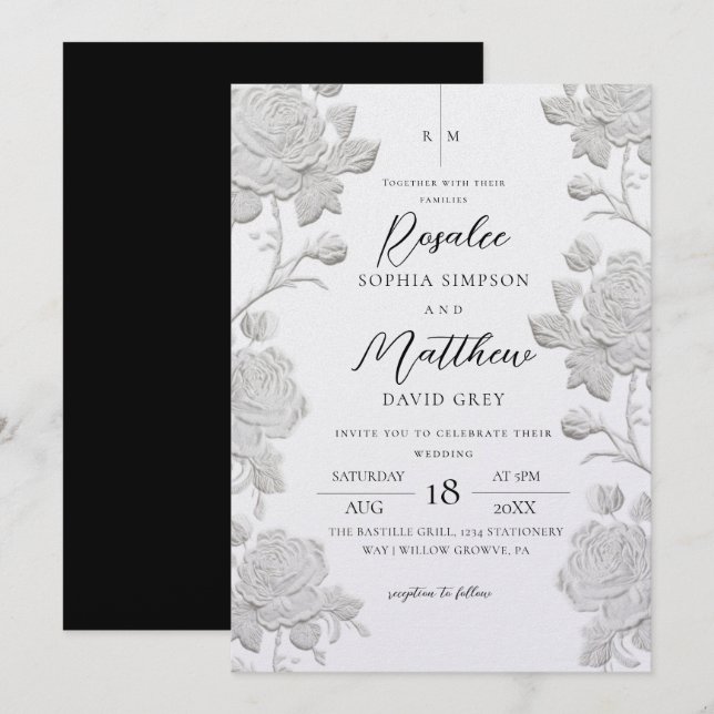 Modern Minimalist Rose White & Black Wedding Invitation (Front/Back)