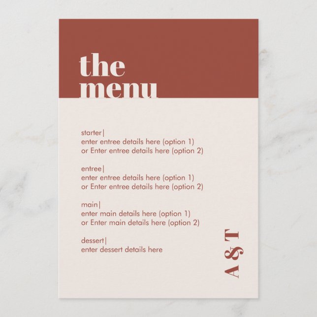 Modern Minimalist Rust Terracotta Wedding Menu (Front)