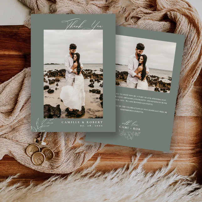 Modern Minimalist Sage Calligraphy Photo Wedding Thank You Card | Zazzle
