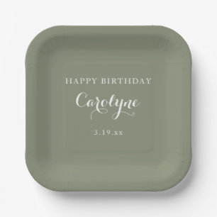 Modern Minimalist Sage Green Birthday  Paper Plates