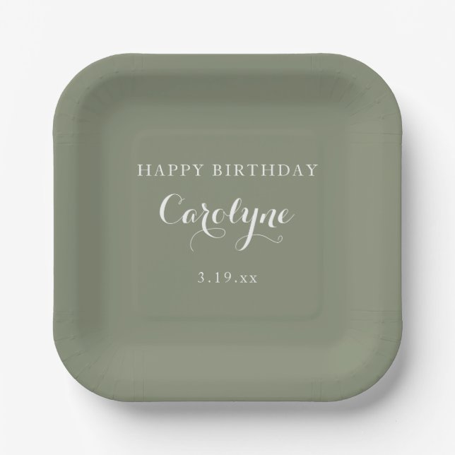 Modern Minimalist Sage Green Birthday  Paper Plates (Front)