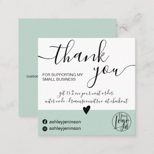 Modern minimalist sage green block order thank you square business card