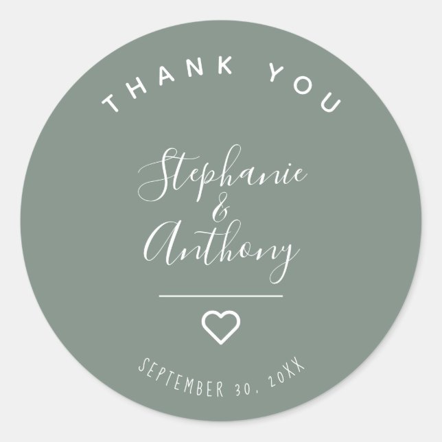 Modern Minimalist Sage Green Heart Wedding  Classic Round Sticker (Front)